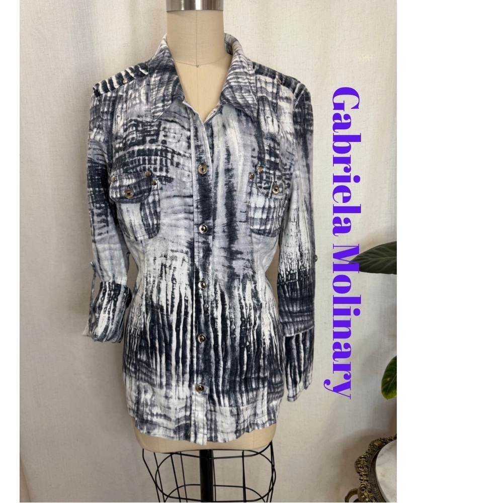 Gabriela Molinary Black White Tie Dye Button Down Tunic Top Size 12